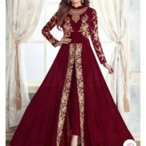 Cbazaar Shamita Red Shetty Georgette Center Slit Anarkali Suit Embroidery